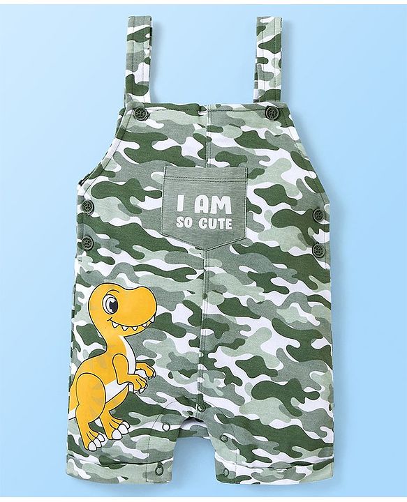 Babyhug 100% Cotton Half Sleeves Tee & Dungaree Set Camo & Dino Print- Yellow & Green