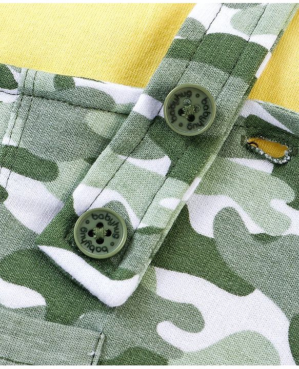 Babyhug 100% Cotton Half Sleeves Tee & Dungaree Set Camo & Dino Print- Yellow & Green