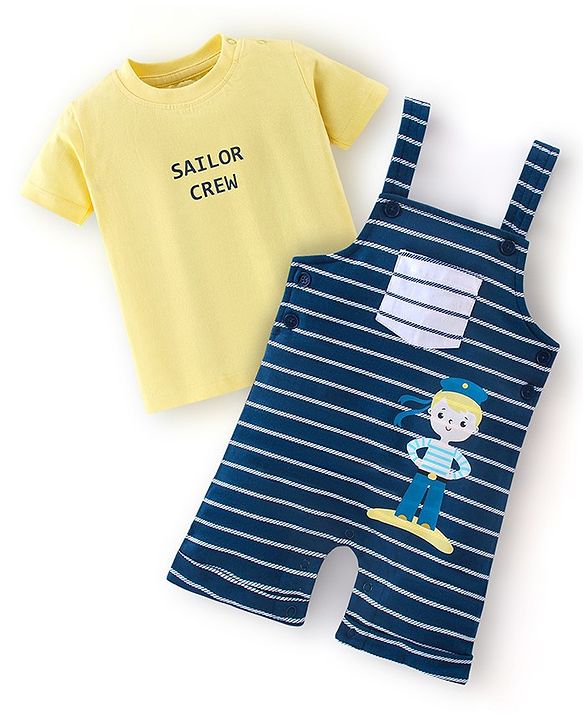 Babyhug 100% Cotton Knit Half Sleeves T-Shirt & Dungaree Set Striped - Yellow & Blue
