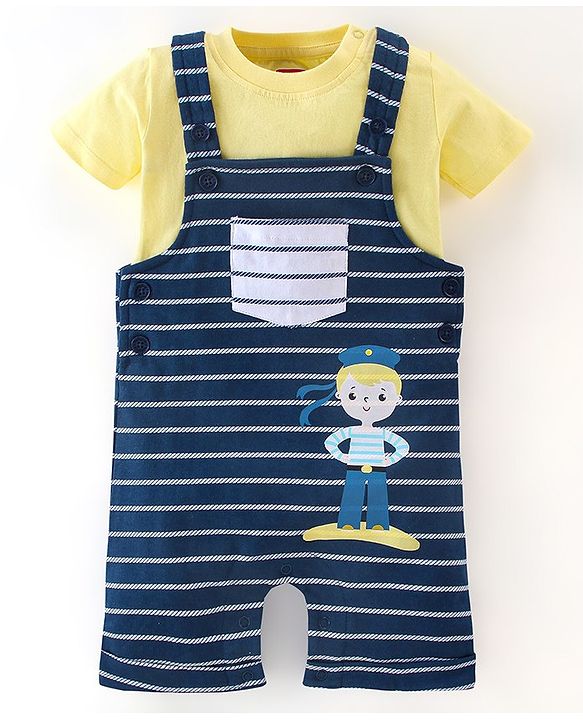 Babyhug 100% Cotton Knit Half Sleeves T-Shirt & Dungaree Set Striped - Yellow & Blue