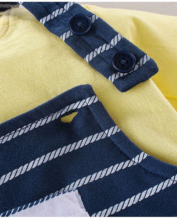 Babyhug 100% Cotton Knit Half Sleeves T-Shirt & Dungaree Set Striped - Yellow & Blue