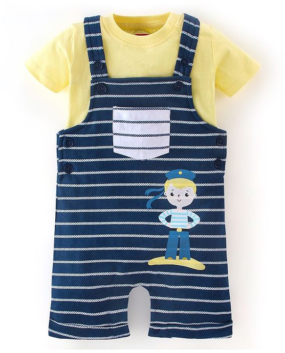 Babyhug 100% Cotton Knit Half Sleeves T-Shirt & Dungaree Set Striped - Yellow & Blue
