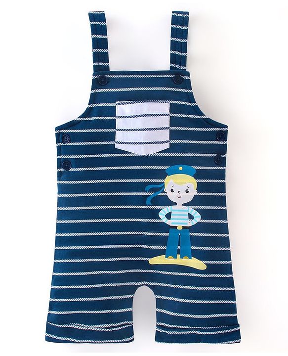 Babyhug 100% Cotton Knit Half Sleeves T-Shirt & Dungaree Set Striped - Yellow & Blue