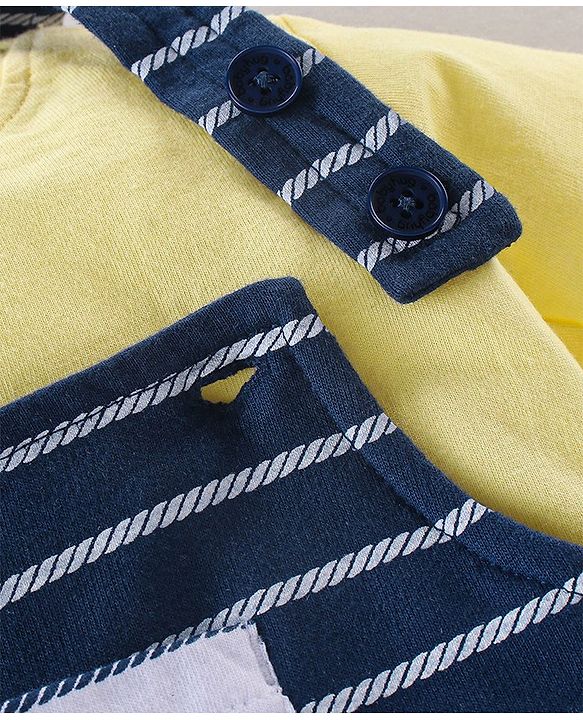 Babyhug 100% Cotton Knit Half Sleeves T-Shirt & Dungaree Set Striped - Yellow & Blue
