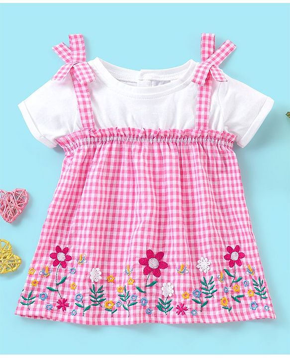 Babyhug Seer Sucker Half Sleeves Checkered Top Floral Embroidery - Pink & White