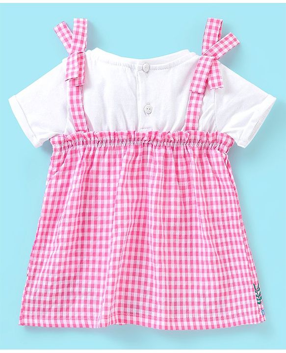 Babyhug Seer Sucker Half Sleeves Checkered Top Floral Embroidery - Pink & White