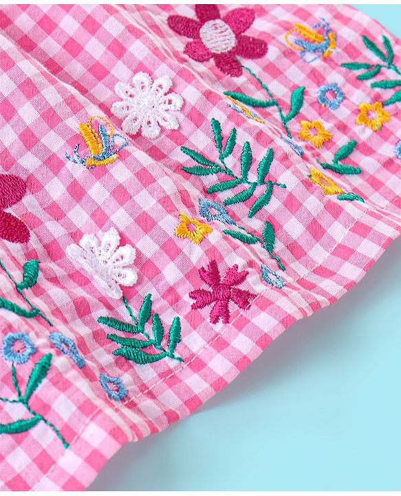 Babyhug Seer Sucker Half Sleeves Checkered Top Floral Embroidery - Pink & White