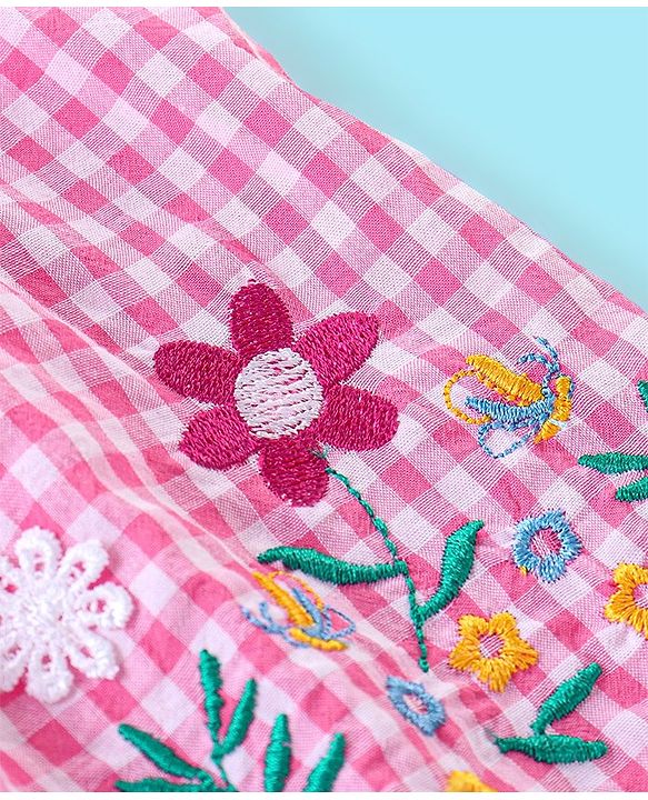 Babyhug Seer Sucker Half Sleeves Checkered Top Floral Embroidery - Pink & White