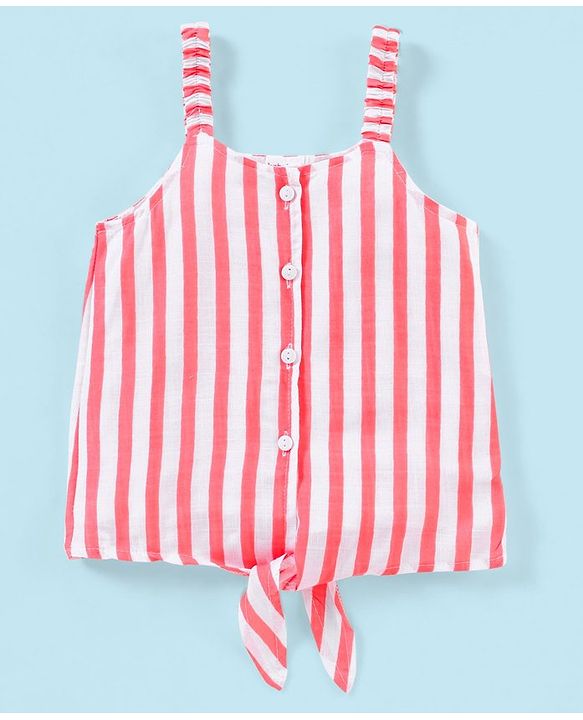 Babyhug Rayon Woven Sleeveless Striped Top with Tie-Up Detail - White & Peach
