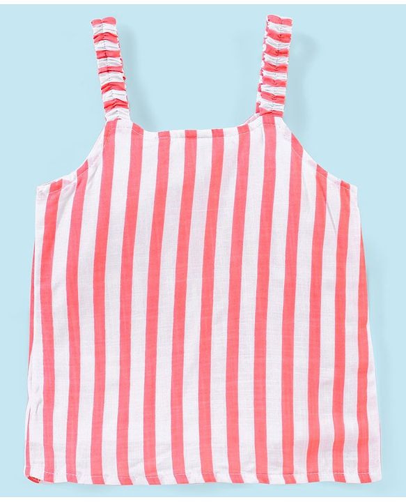 Babyhug Rayon Woven Sleeveless Striped Top with Tie-Up Detail - White & Peach