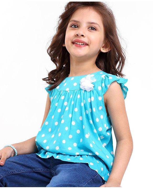 Babyhug 100% Rayon Woven Frill Sleeves Top with Floral Corsage & Polka Dots Print - Blue
