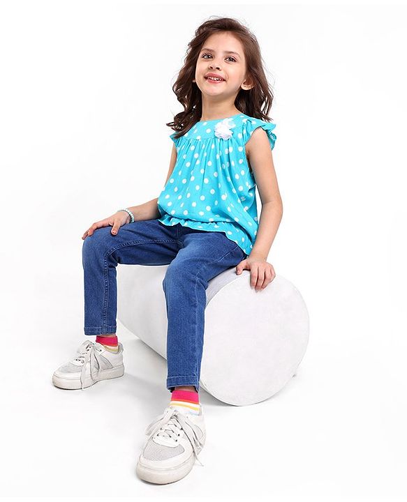 Babyhug 100% Rayon Woven Frill Sleeves Top with Floral Corsage & Polka Dots Print - Blue