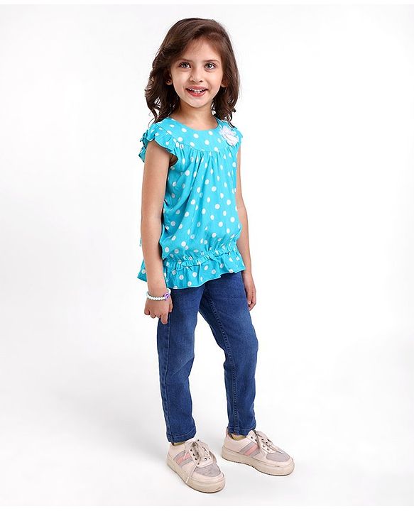 Babyhug 100% Rayon Woven Frill Sleeves Top with Floral Corsage & Polka Dots Print - Blue