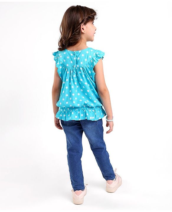 Babyhug 100% Rayon Woven Frill Sleeves Top with Floral Corsage & Polka Dots Print - Blue