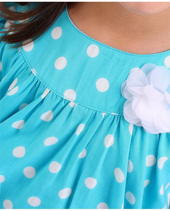 Babyhug 100% Rayon Woven Frill Sleeves Top with Floral Corsage & Polka Dots Print - Blue
