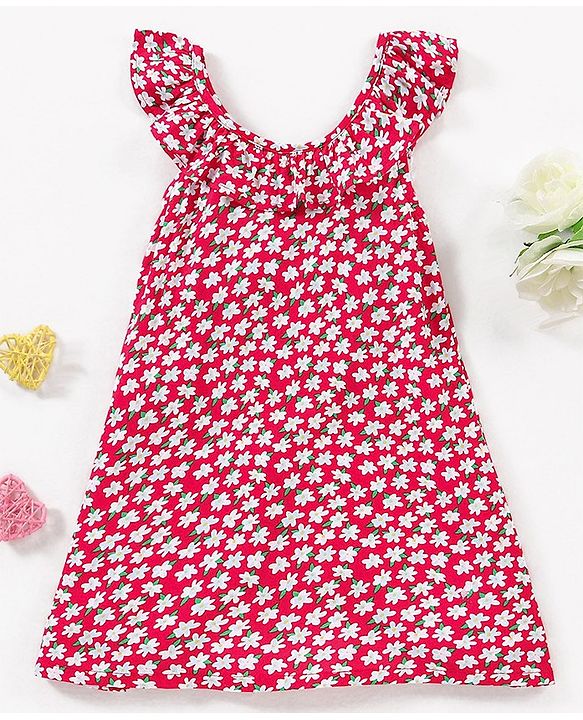 Babyhug 100% Viscose Sleeveless Floral Print Frock with Bow Applique - Red