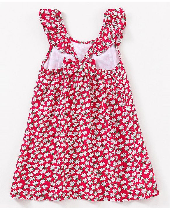 Babyhug 100% Viscose Sleeveless Floral Print Frock with Bow Applique - Red