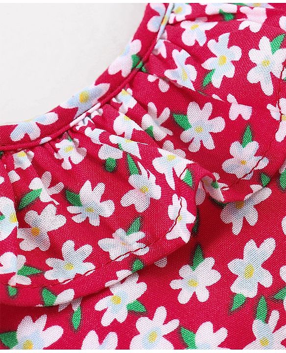 Babyhug 100% Viscose Sleeveless Floral Print Frock with Bow Applique - Red