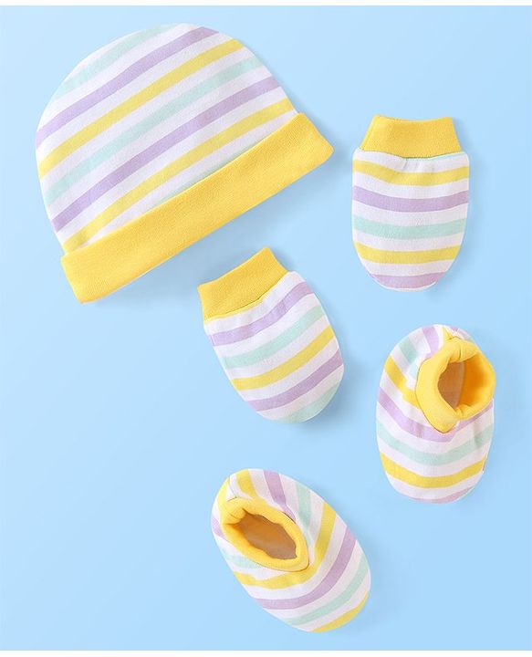 Babyhug 100% Cotton Striped Cap Mittens & Booties Print- Yellow & Blue
