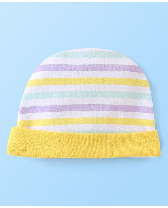 Babyhug 100% Cotton Striped Cap Mittens & Booties Print- Yellow & Blue