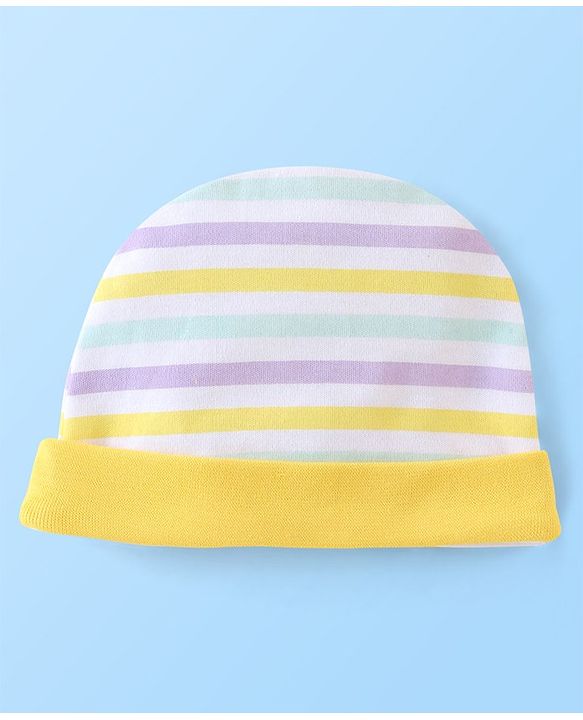 Babyhug 100% Cotton Striped Cap Mittens & Booties Print- Yellow & Blue
