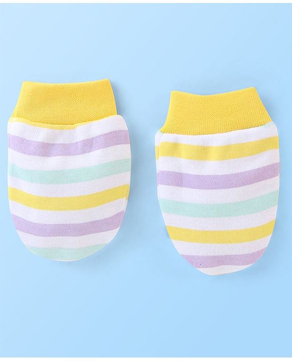 Babyhug 100% Cotton Striped Cap Mittens & Booties Print- Yellow & Blue