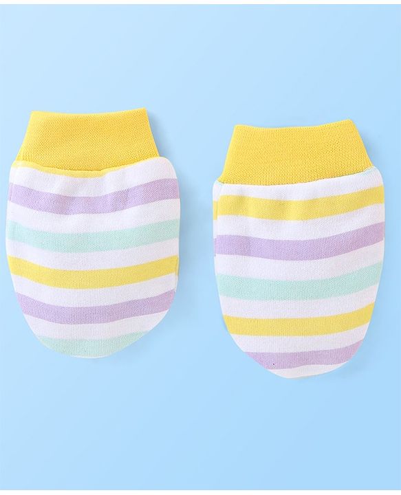 Babyhug 100% Cotton Striped Cap Mittens & Booties Print- Yellow & Blue