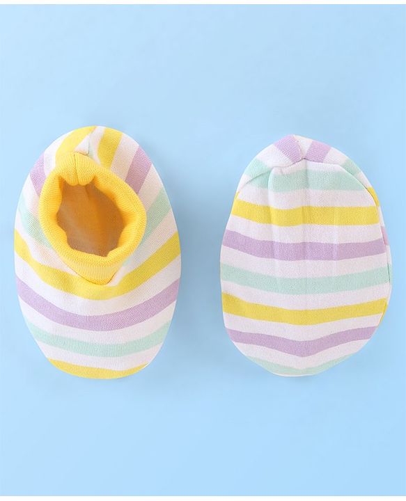 Babyhug 100% Cotton Striped Cap Mittens & Booties Print- Yellow & Blue