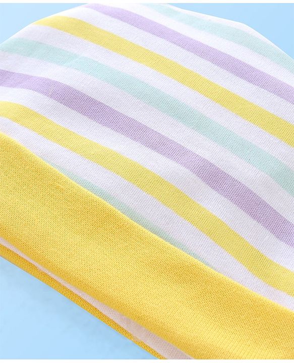 Babyhug 100% Cotton Striped Cap Mittens & Booties Print- Yellow & Blue