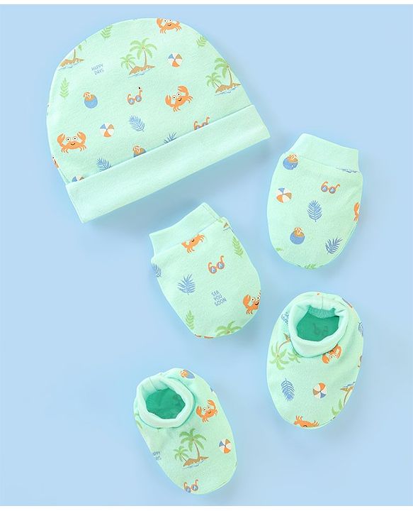 Babyhug 100% Cotton Cap Mittens & Booties Beach Print - Diameter 11 cm