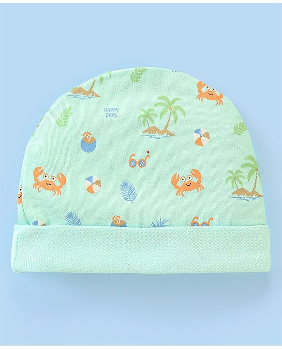 Babyhug 100% Cotton Cap Mittens & Booties Beach Print - Diameter 11 cm