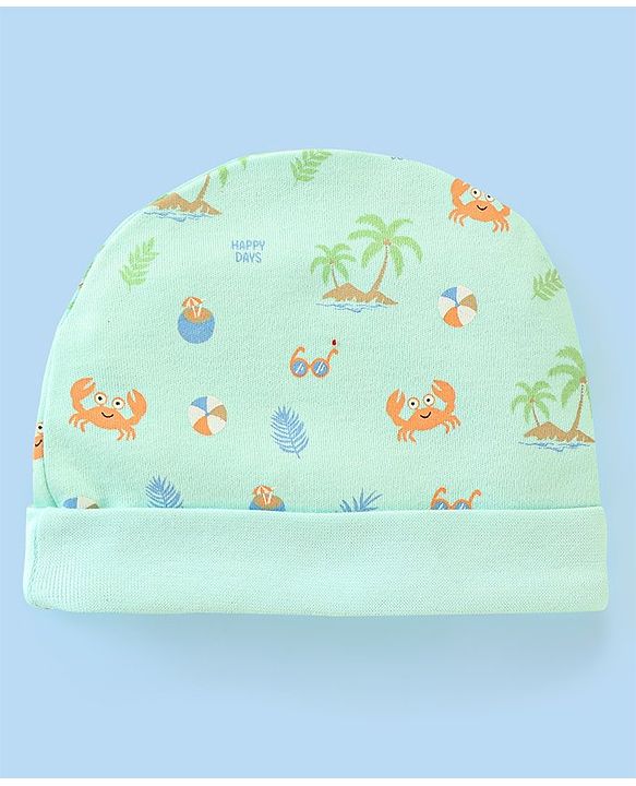 Babyhug 100% Cotton Cap Mittens & Booties Beach Print - Diameter 11 cm