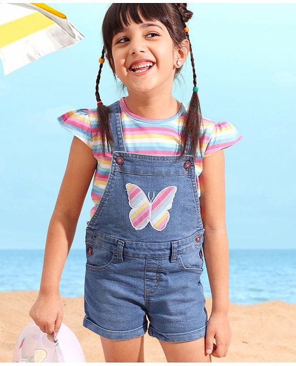 Babyhug 100% Cotton Cap Sleeves Striped Tee & Denim Dungaree Set With Butterfly Embroidery- Blue & Pink