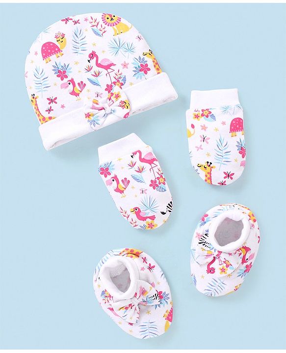 Babyhug 100% Cotton Knit Cap Mittens & Booties Set Flamingo Print -  White