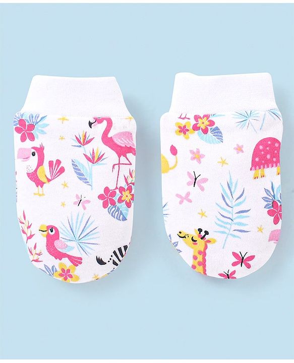Babyhug 100% Cotton Knit Cap Mittens & Booties Set Flamingo Print -  White