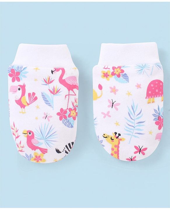 Babyhug 100% Cotton Knit Cap Mittens & Booties Set Flamingo Print -  White