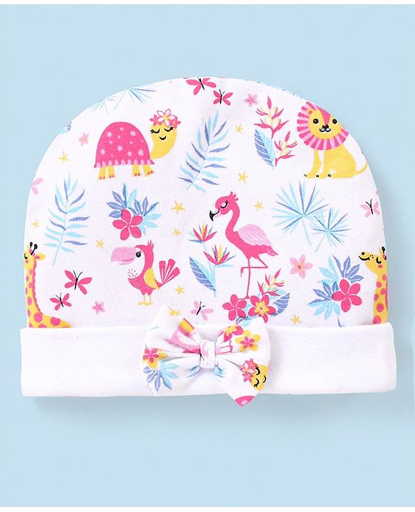 Babyhug 100% Cotton Knit Cap Mittens & Booties Set Flamingo Print -  White