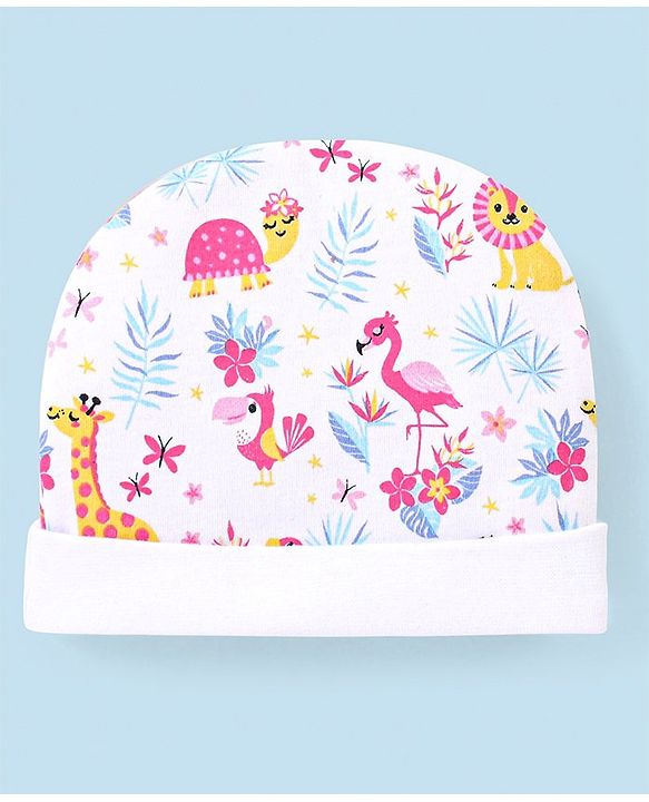 Babyhug 100% Cotton Knit Cap Mittens & Booties Set Flamingo Print -  White