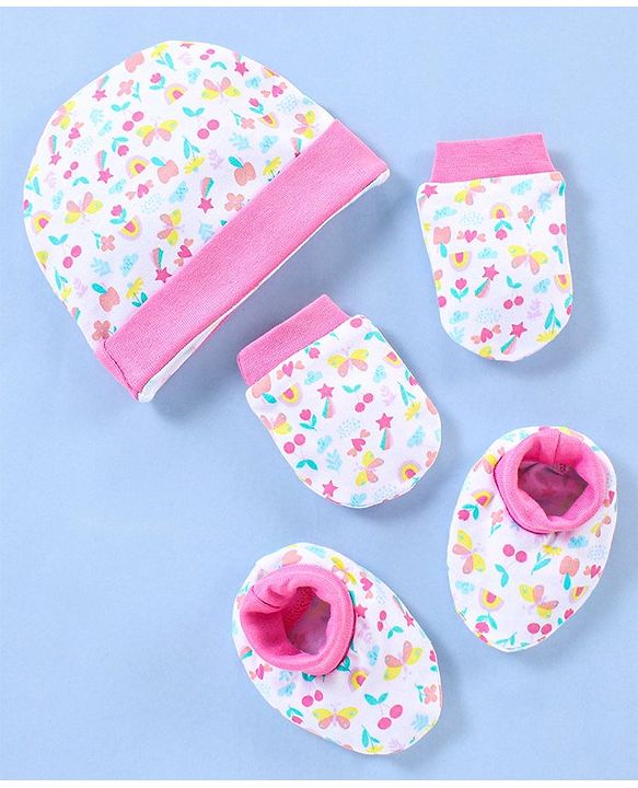 Babyhug 100% Cotton Cap Mittens & Booties Floral Print- Pink