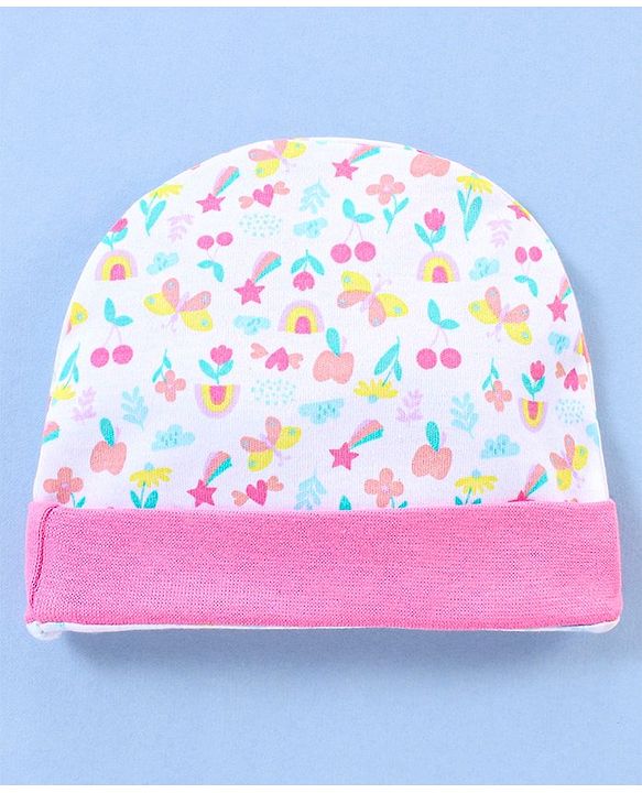 Babyhug 100% Cotton Cap Mittens & Booties Floral Print- Pink
