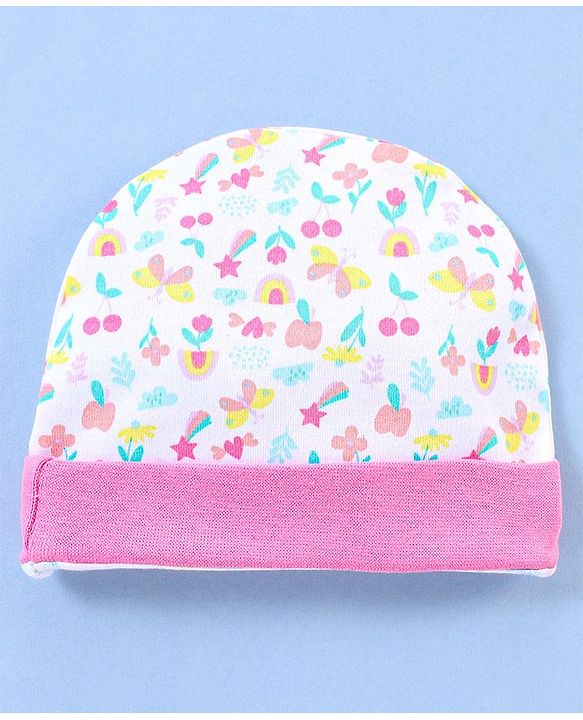 Babyhug 100% Cotton Cap Mittens & Booties Floral Print- Pink