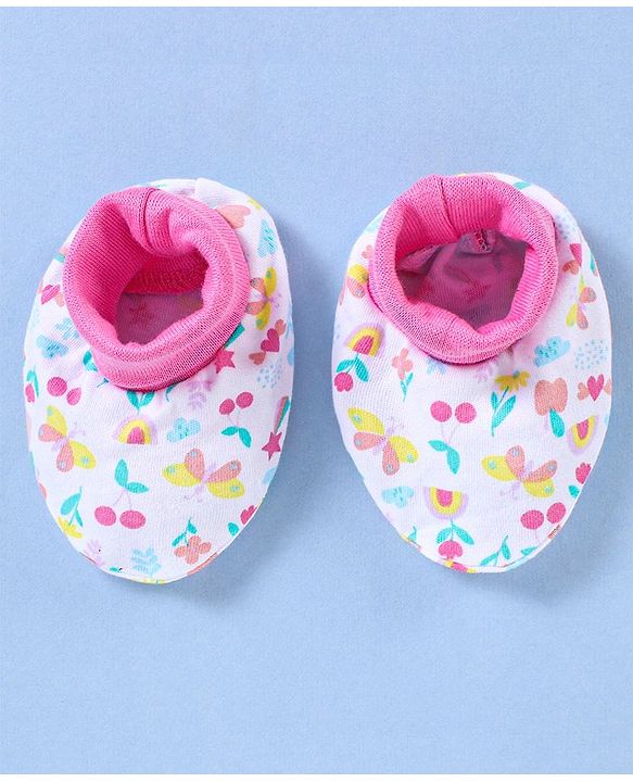 Babyhug 100% Cotton Cap Mittens & Booties Floral Print- Pink