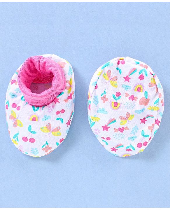 Babyhug 100% Cotton Cap Mittens & Booties Floral Print- Pink