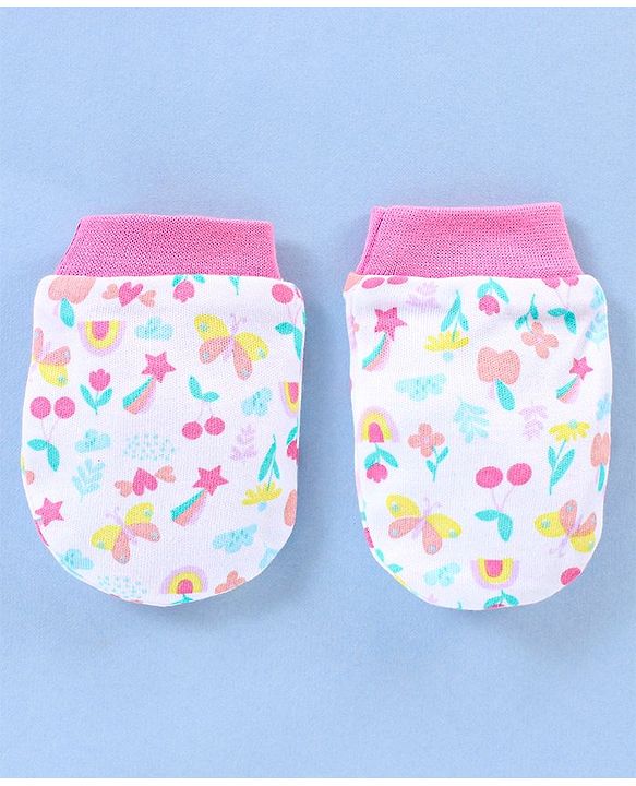 Babyhug 100% Cotton Cap Mittens & Booties Floral Print- Pink