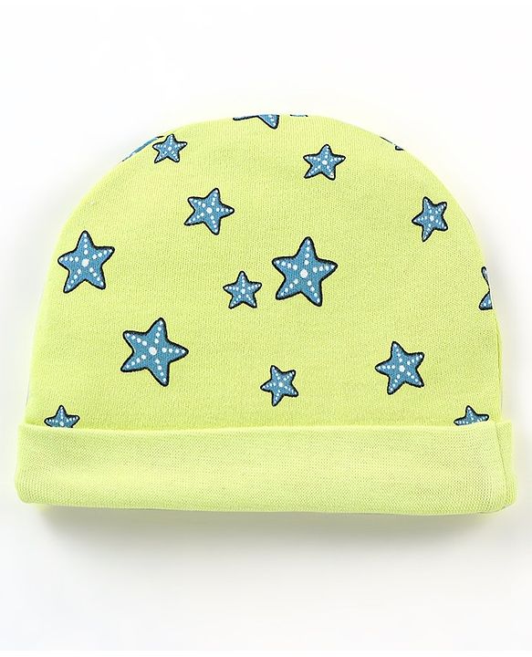 Babyhug 100% Cotton Cap Mittens & Booties Star Fish Print Green- Diameter 12.5 cm