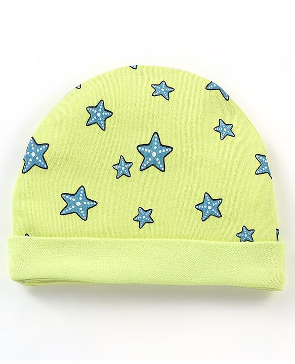 Babyhug 100% Cotton Cap Mittens & Booties Star Fish Print Green- Diameter 12.5 cm