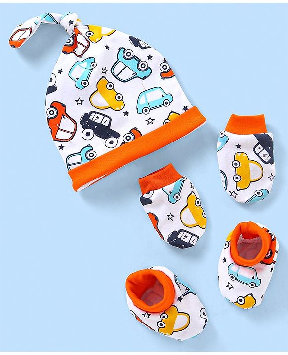 Babyhug 100% Cotton Cap Mittens & Booties Ice Cream Print White - Cap Diameter 11.5 cm