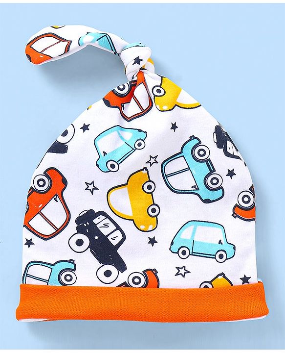 Babyhug 100% Cotton Cap Mittens & Booties Ice Cream Print White - Cap Diameter 11.5 cm