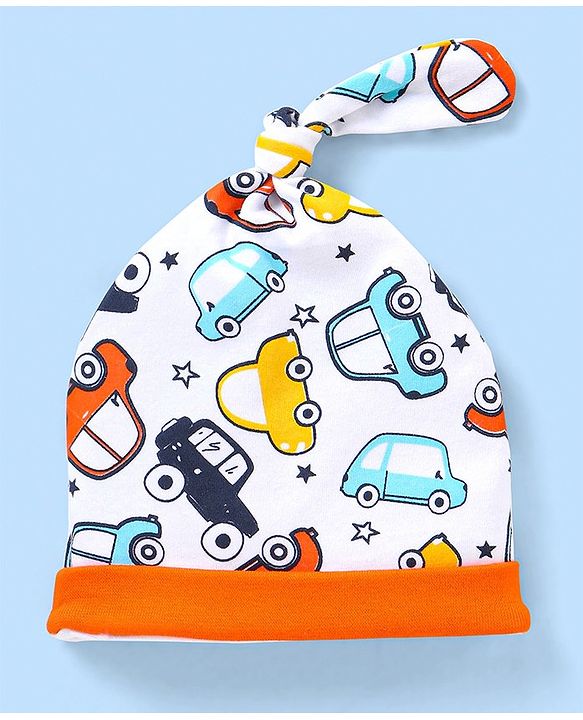 Babyhug 100% Cotton Cap Mittens & Booties Ice Cream Print White - Cap Diameter 11.5 cm