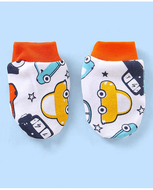 Babyhug 100% Cotton Cap Mittens & Booties Ice Cream Print White - Cap Diameter 11.5 cm